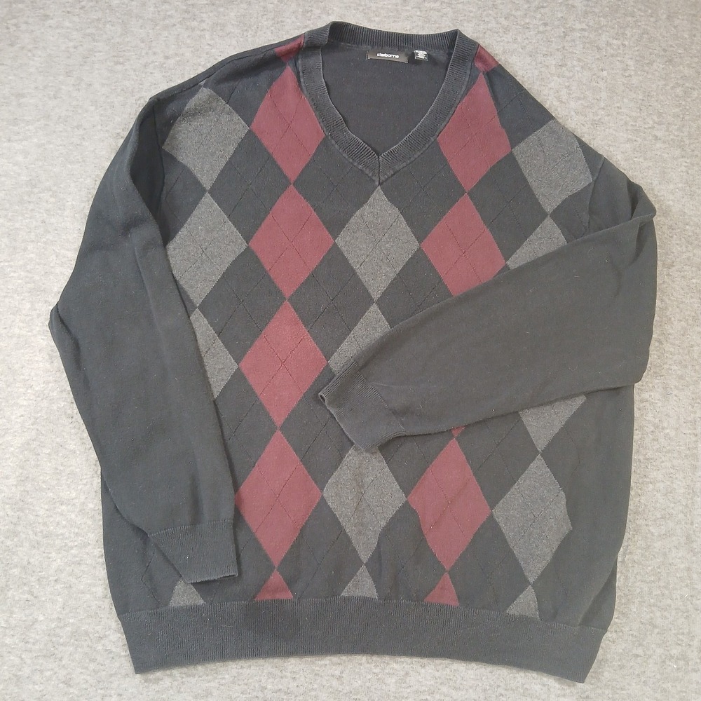Claiborne Men's 2XLT Black Argyle Long Sleeve Pullover Sweater‎ XL 100% Cotton